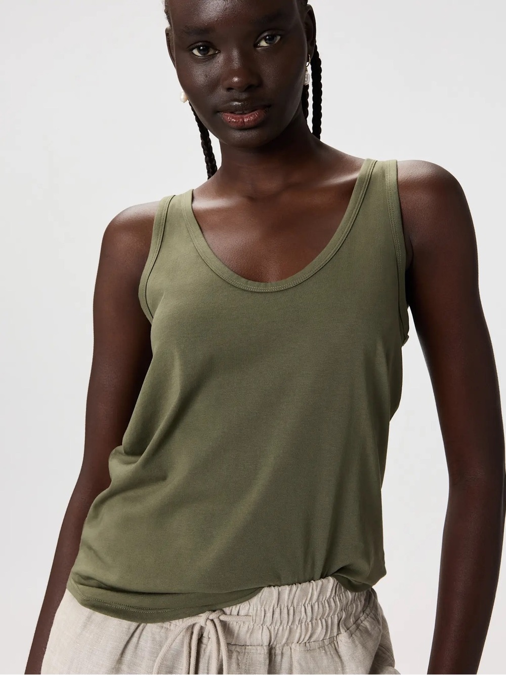 Quince Cotton Modal Double Scoop Neck Tank in Dark Olive